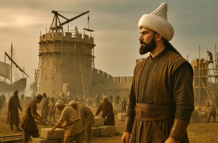 Rumeli Hisarı çevresinde Zağanos Paşa’yı ve inşa çalışmalarını gösteren tarihsel canlandırma; Osmanlı kuşatma hazırlıklarının önemli komutanlarından biri.